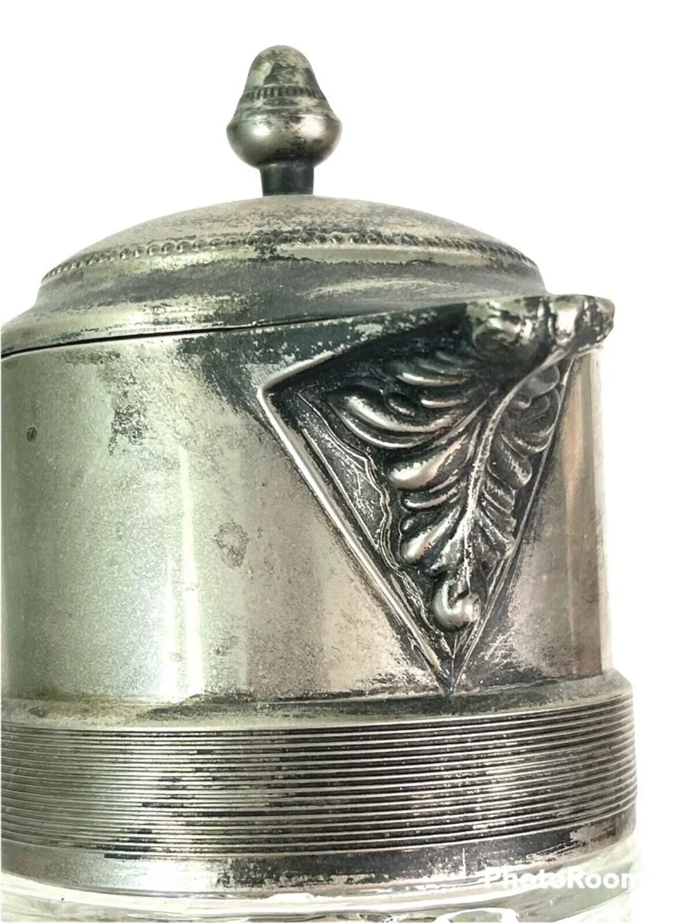 Vintage Glass Claret Carafe Pitcher Ewer Diamond Cut Silver Plate Lid Handle 14